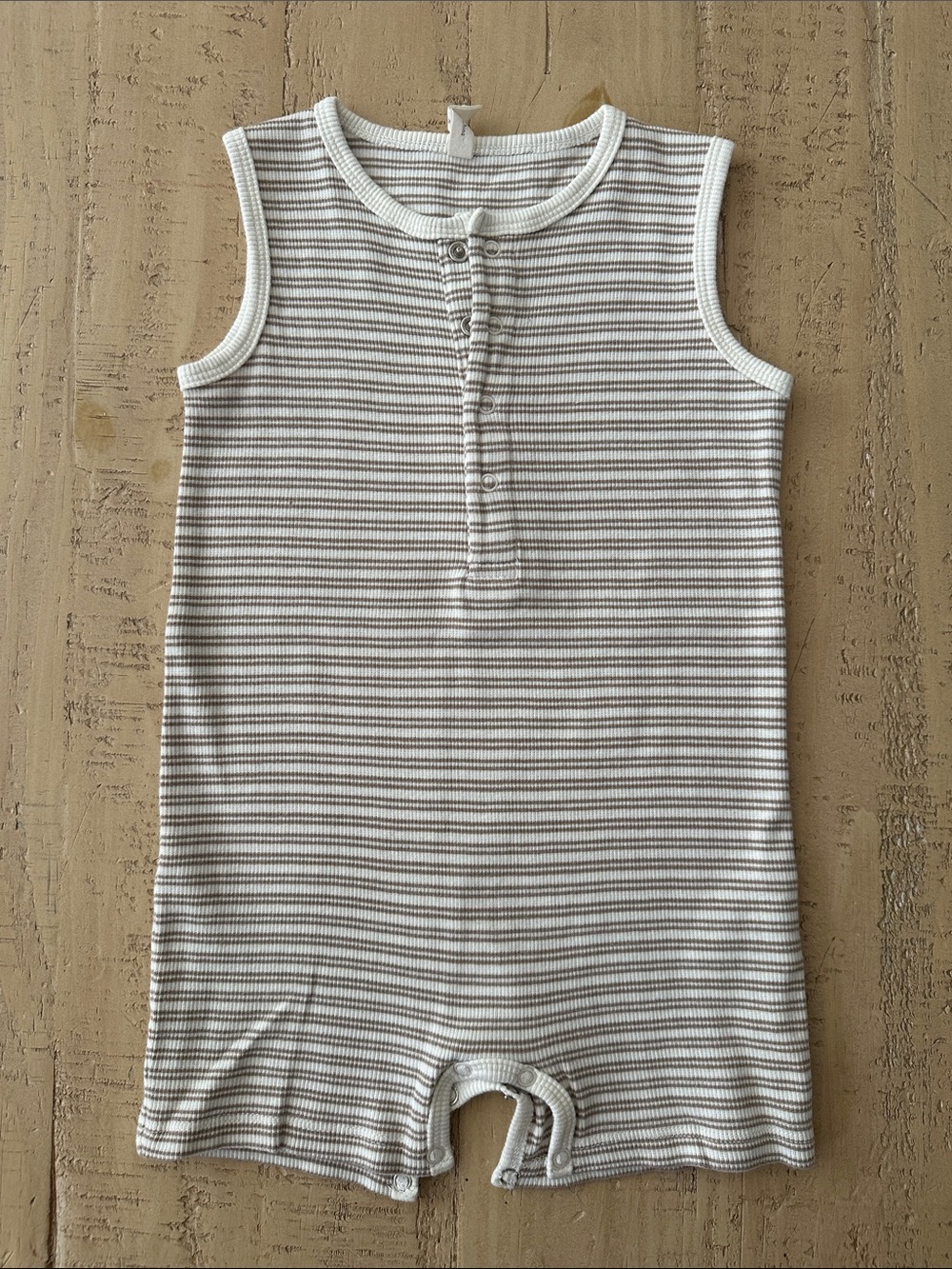 Quincy Mae Organic Cotton Ribbed Henley Romper, Tan & White Stripe, 18-24M